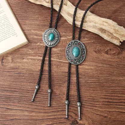 Oval Bolo Tie with Embossed Retro Design - Image 2