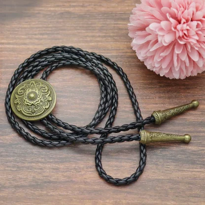 Round Bolo Tie with Retro Floral Embossed - Image 4