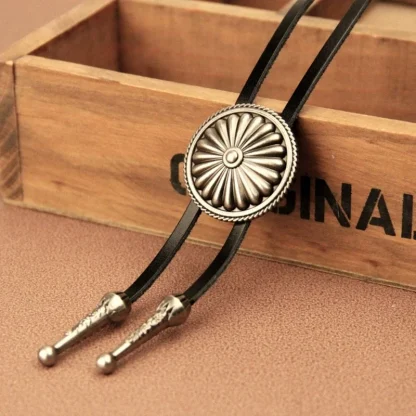 Embossed Floral Design Round Bolo Tie - Image 2