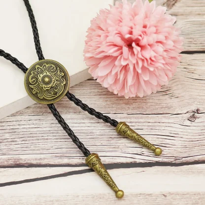 Round Bolo Tie with Retro Floral Embossed - Image 3
