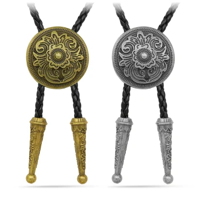Round Bolo Tie with Retro Floral Embossed