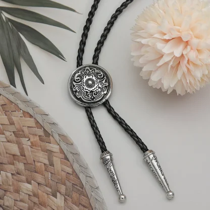 Round Bolo Tie with Retro Floral Embossed - Image 2