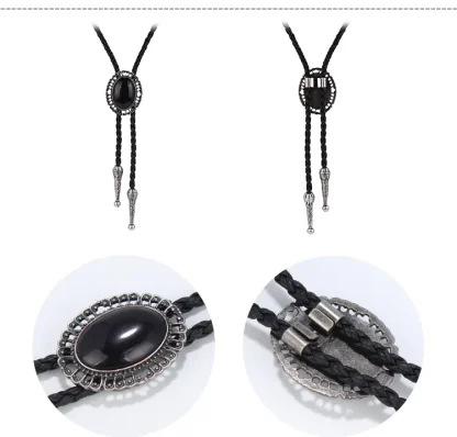 Black Classic Bolo Tie with Hollow Out Trim - Image 7